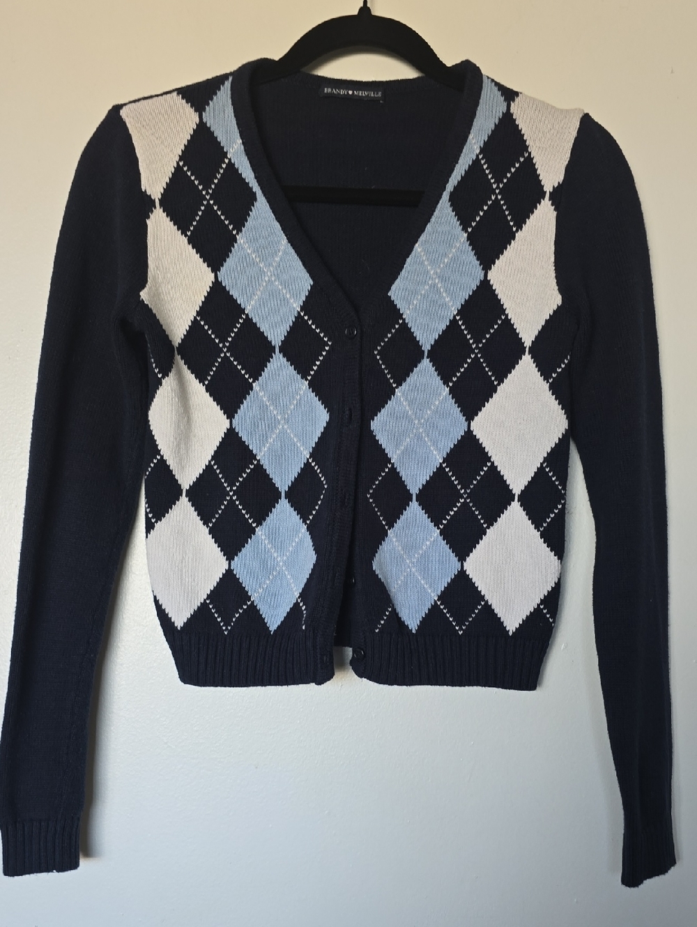 Brandy Melville Navy, Light Blue & White Argyle V-Neck Cardigan